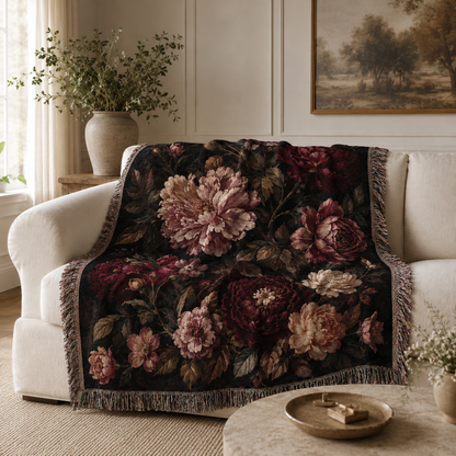 Vintage dark floral woven blanket draped over a neutral living room sofa
