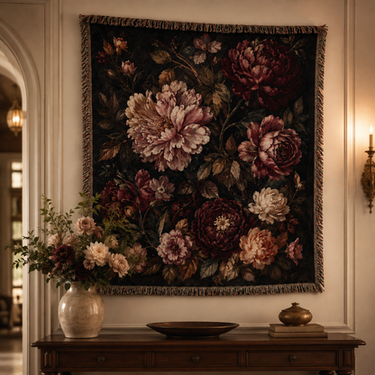 Dark romantic floral woven blanket displayed as vintage wall tapestry decor