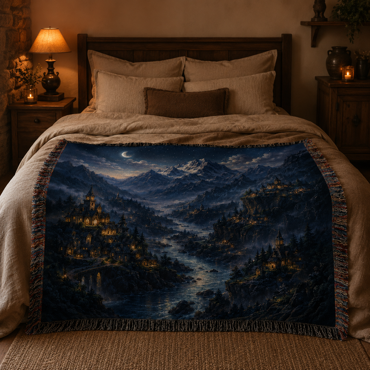 Moonlit alpine fantasy woven blanket displayed across a warm rustic bedroom bed