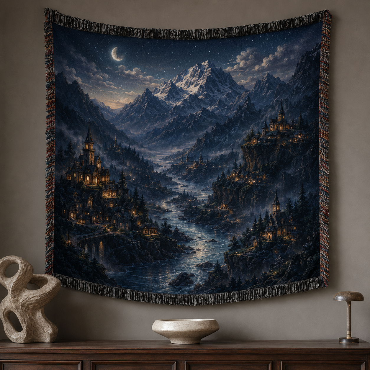 Moonlit alpine fantasy woven blanket with glowing cliffside villages and winding river