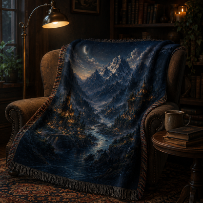 Moonlit alpine fantasy woven blanket draped over a reading chair in a cozy library nook