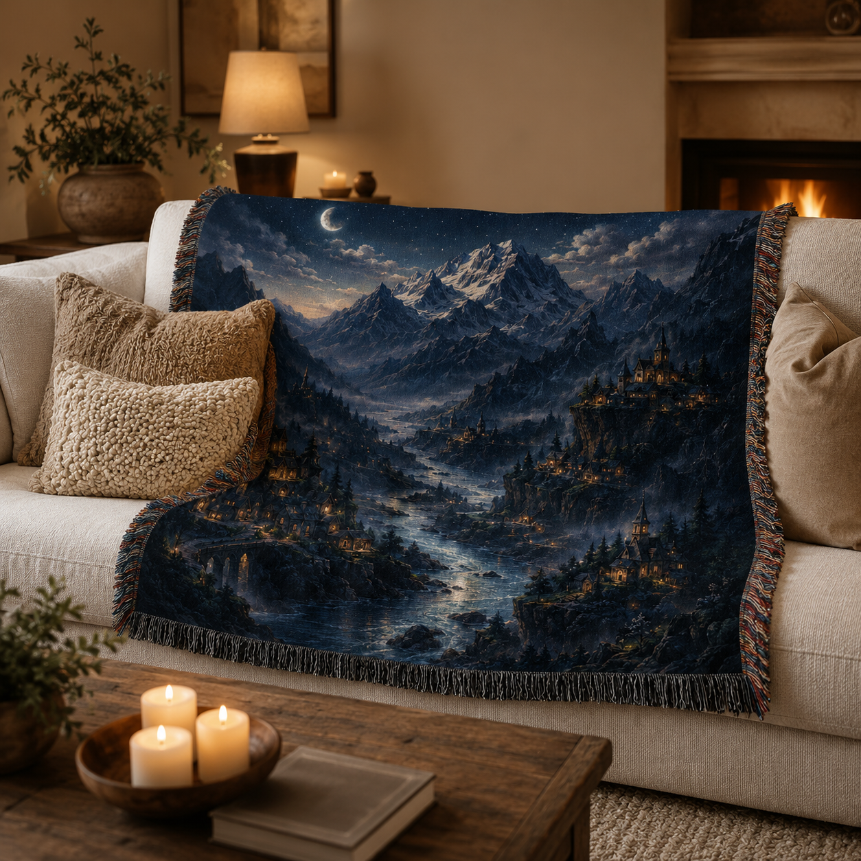 Moonlit alpine fantasy woven blanket styled on a cozy living room sofa