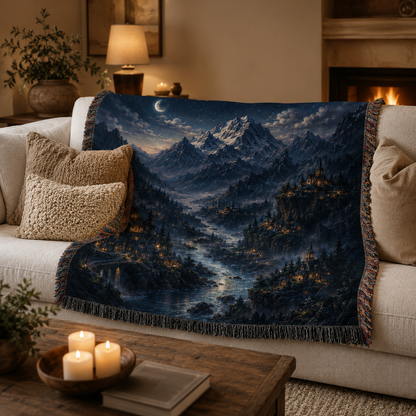 Moonlit alpine fantasy woven blanket styled on a cozy living room sofa