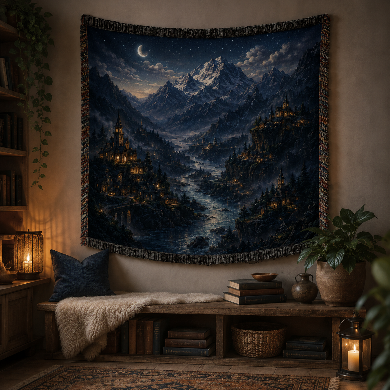 Moonlit alpine fantasy woven blanket displayed as dark fantasy wall textile decor