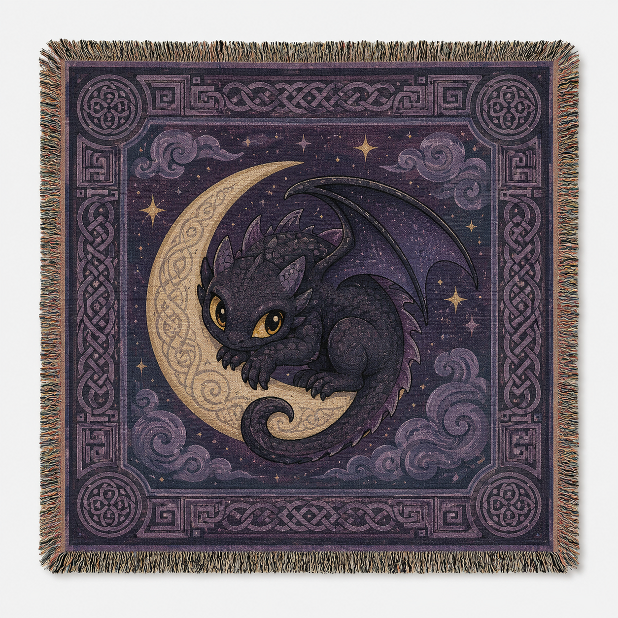 Moonlit baby dragon woven blanket with Celtic border, crescent moon and purple night sky