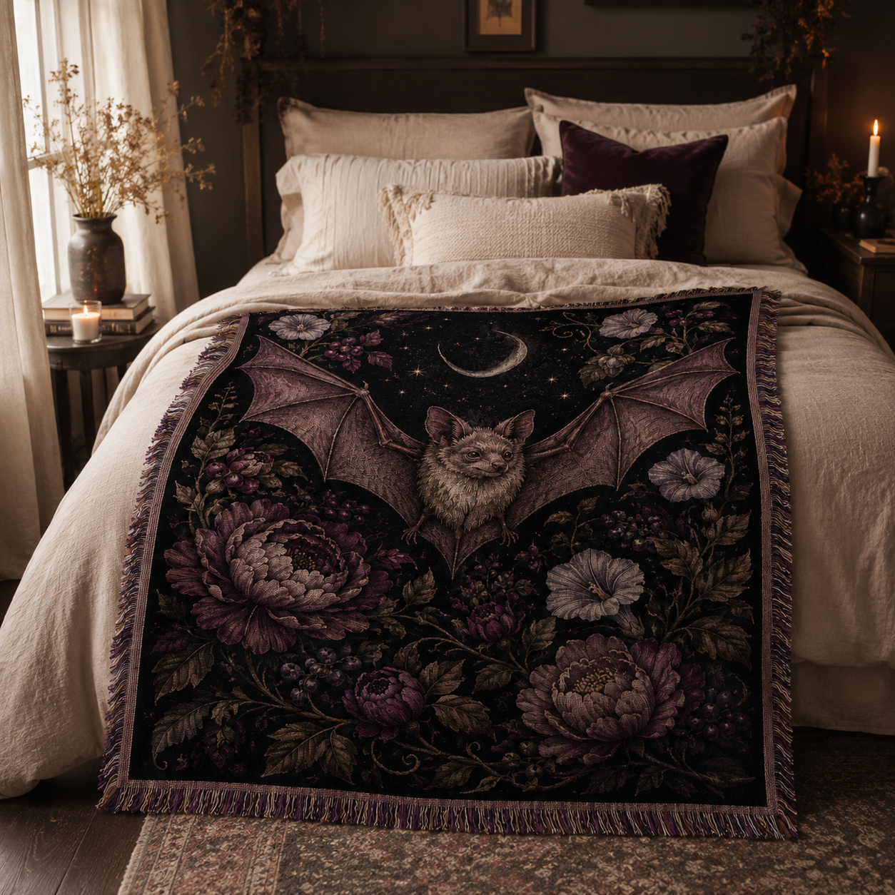 Moonlit bat botanical woven blanket styled across a cozy bedroom bed