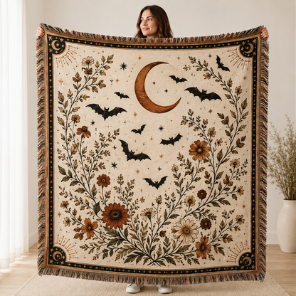 Moonlit bat botanical Halloween woven blanket with crescent moon autumn flowers and fringe