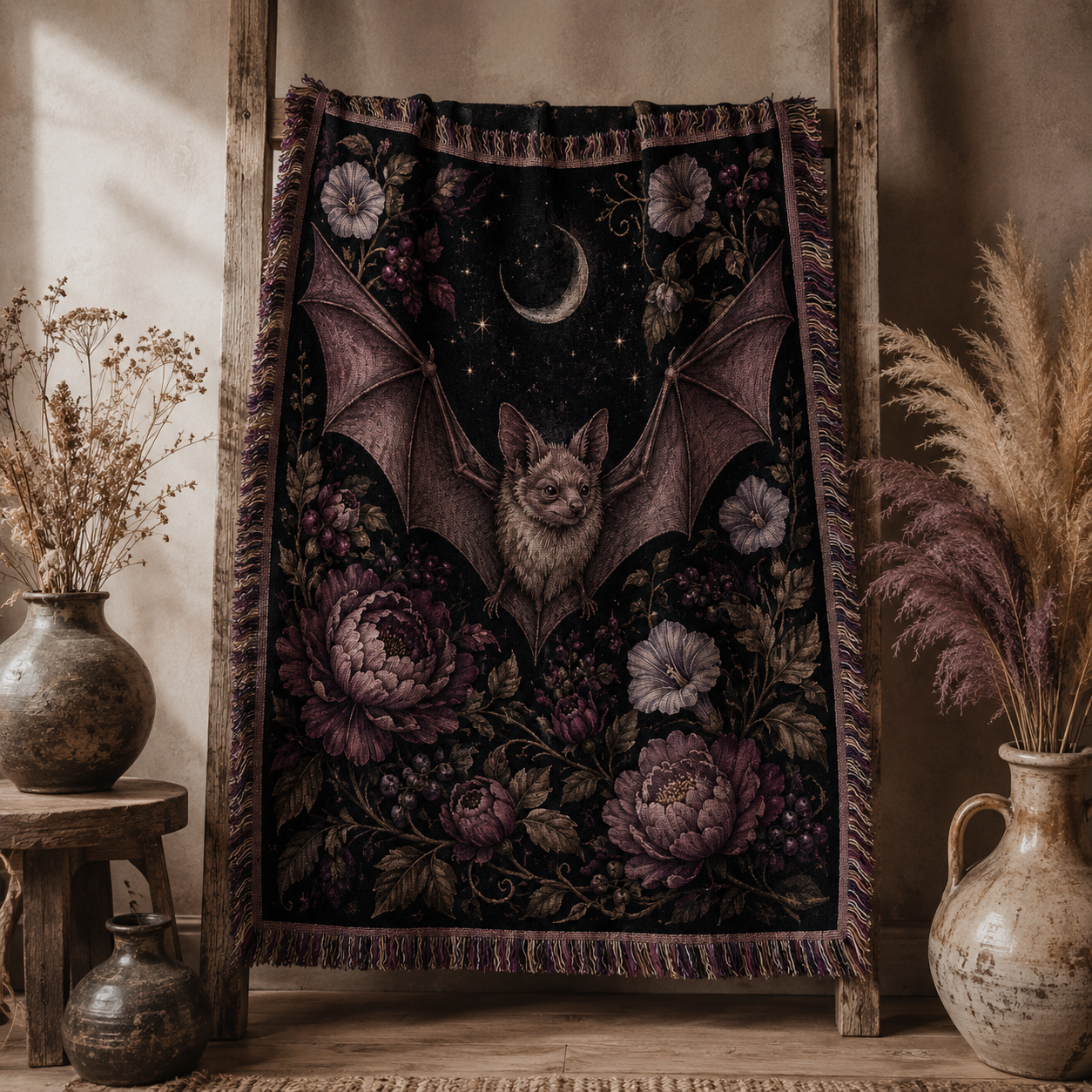 Moonlit bat botanical woven blanket displayed on a rustic wooden ladder