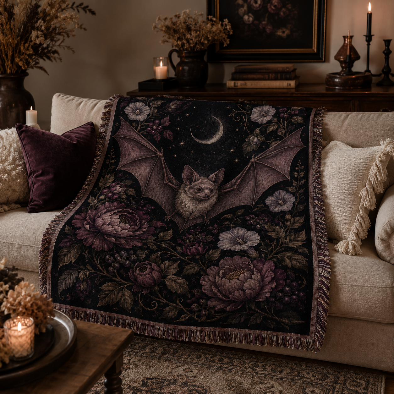 Moonlit bat botanical woven blanket draped over a sofa in a candlelit living room