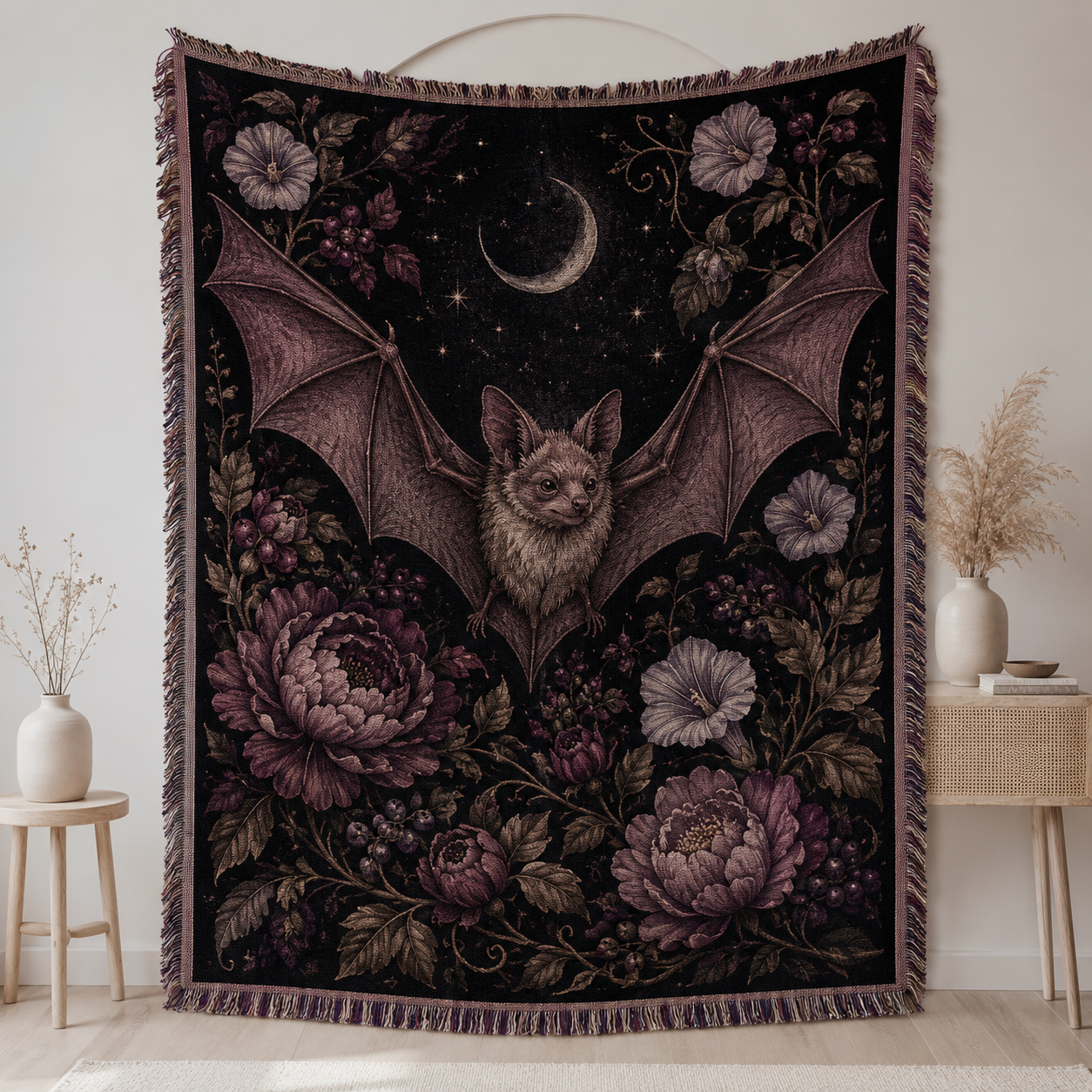 Moonlit bat botanical woven blanket displayed as wall tapestry