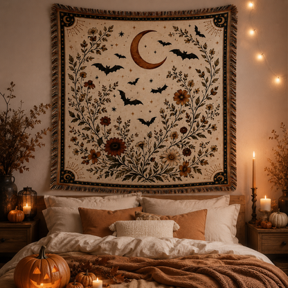 Moonlit bat botanical woven blanket displayed as Halloween wall tapestry above a cozy autumn bed