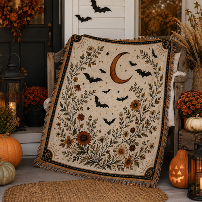 Moonlit bat botanical Halloween woven blanket displayed on an autumn porch with pumpkins mums and lanterns