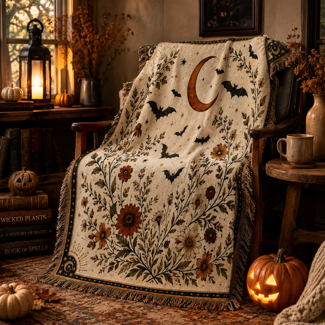 Moonlit bat botanical Halloween woven blanket draped over a wooden chair in a candlelit reading nook