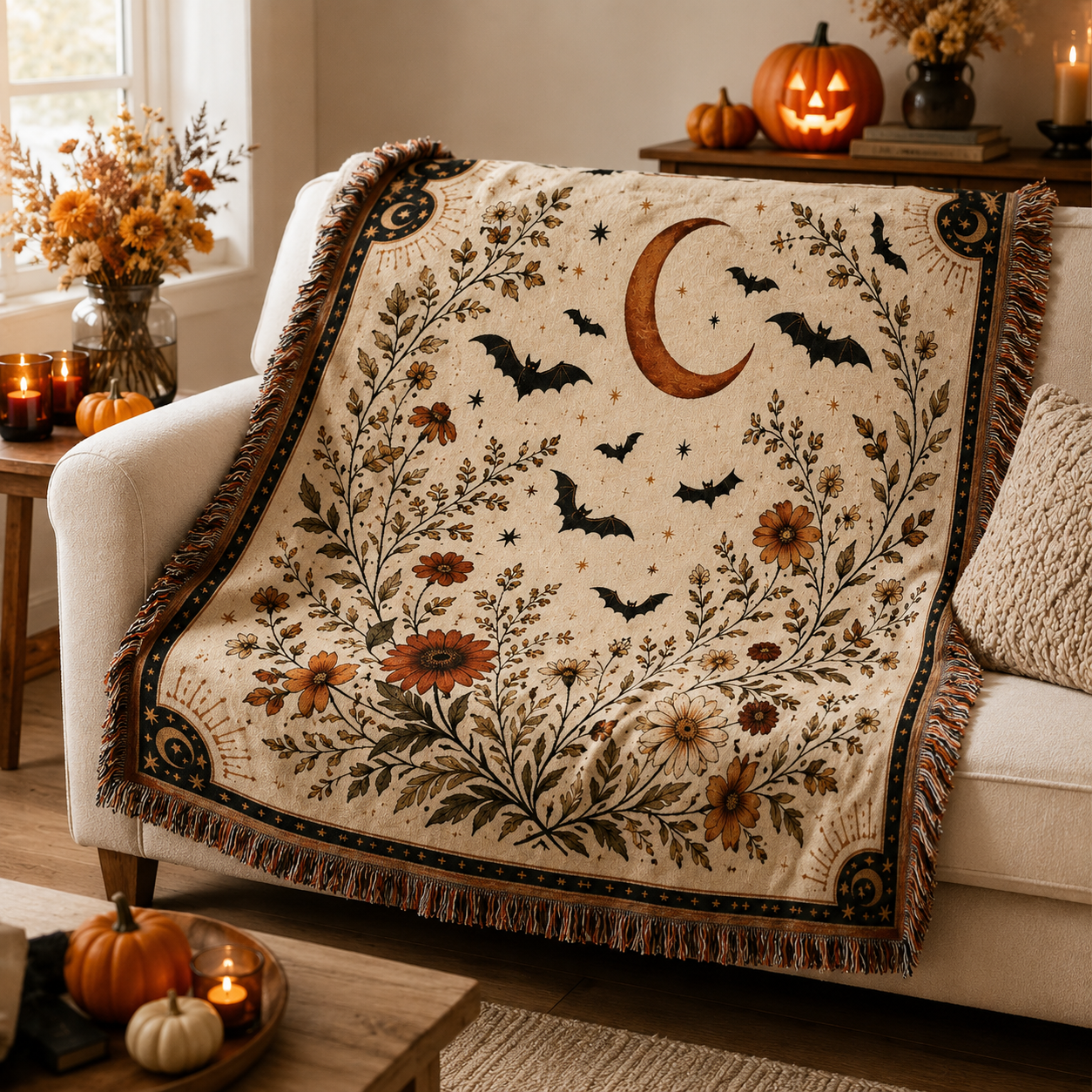 Moonlit bat Halloween woven blanket styled on a cream sofa with pumpkins candles and autumn decor