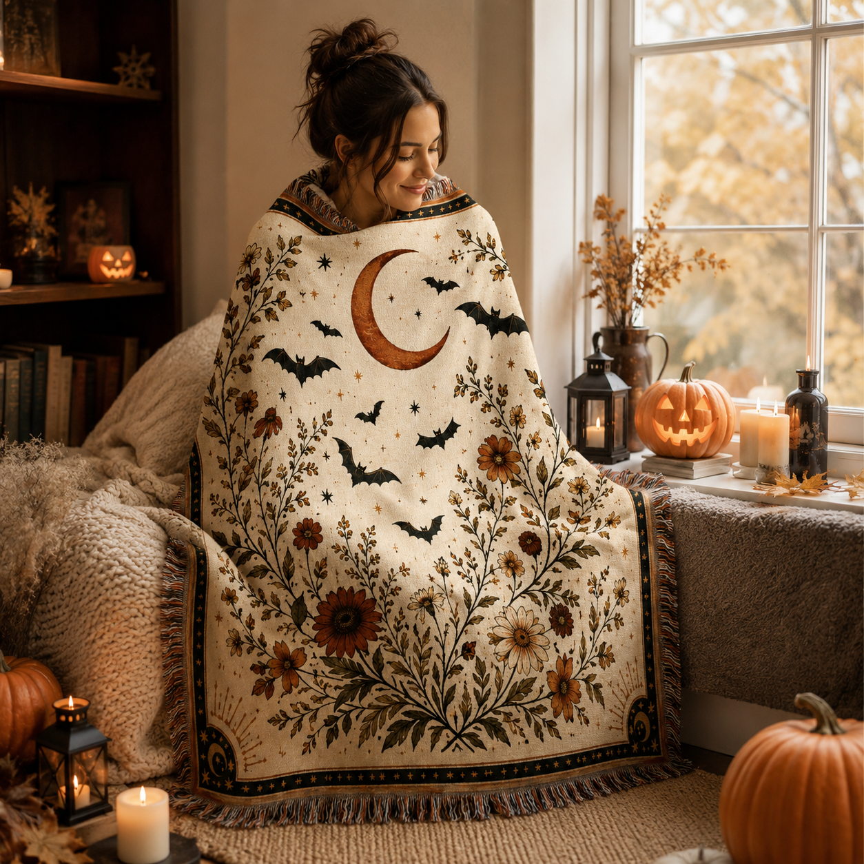 Woman wrapped in a moonlit bat botanical Halloween woven blanket beside pumpkins lanterns and candles