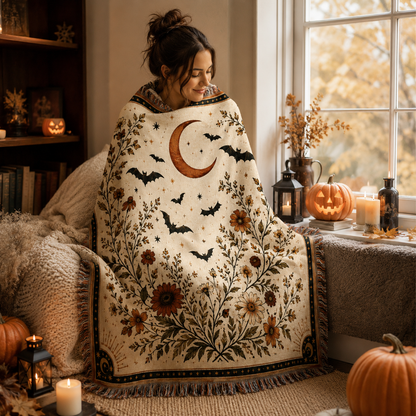 Woman wrapped in a moonlit bat botanical Halloween woven blanket beside pumpkins lanterns and candles