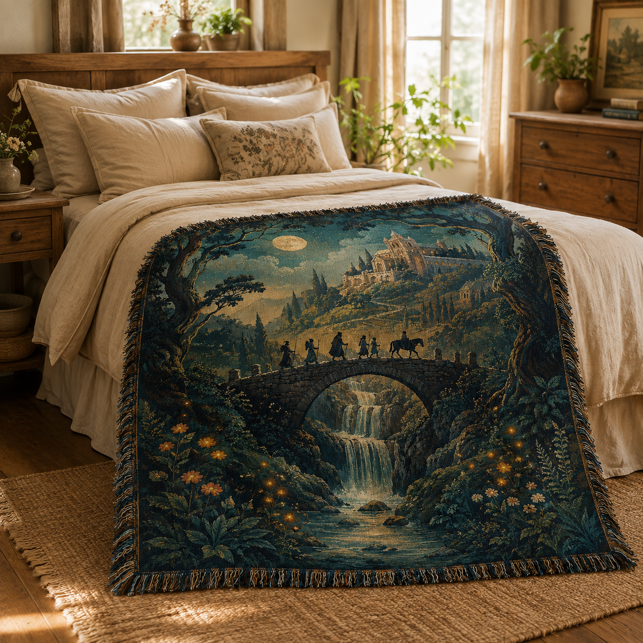 Moonlit fantasy landscape woven blanket styled across a warm rustic bedroom bed