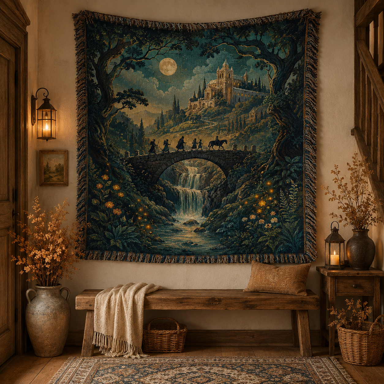 Moonlit fantasy castle woven tapestry blanket displayed above a rustic wooden entryway bench