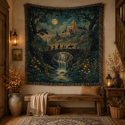 Moonlit fantasy castle woven tapestry blanket displayed above a rustic wooden entryway bench