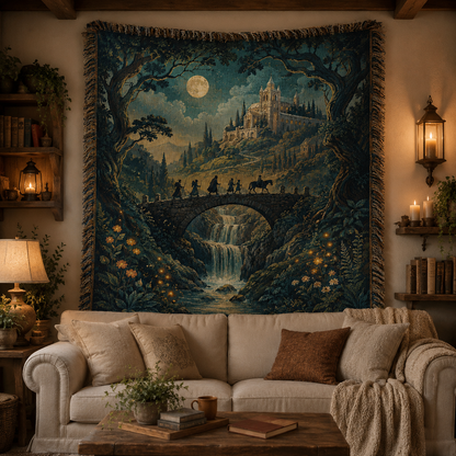 Moonlit castle woven blanket displayed above a cozy fantasy inspired living room sofa