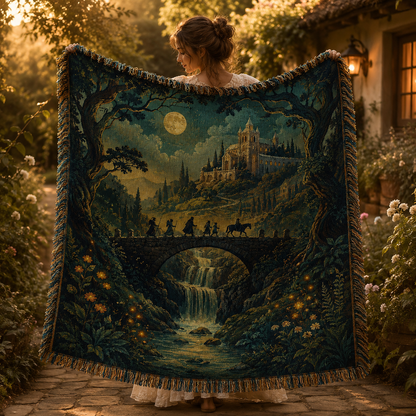 Person presenting a moonlit fantasy castle woven blanket in a cottage garden at golden hour