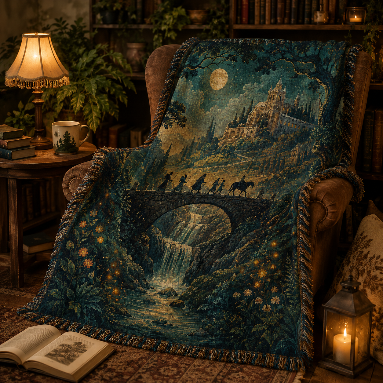 Moonlit castle and waterfall woven blanket draped over an armchair in a cozy reading nook