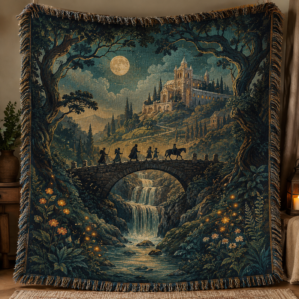 Moonlit fantasy castle journey woven blanket with stone bridge waterfall and fringe