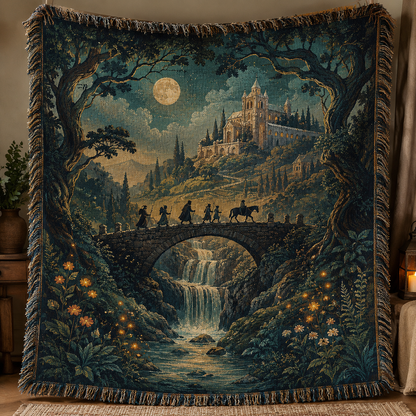Moonlit fantasy castle journey woven blanket with stone bridge waterfall and fringe