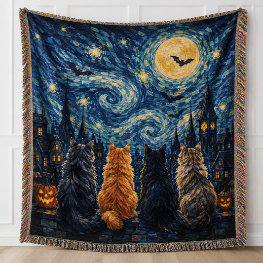 Moonlit cats Halloween woven blanket with swirling night sky, bats and fringe