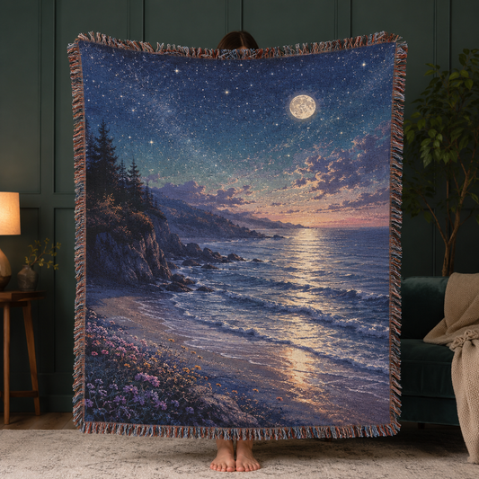Moonlit coastal woven blanket with starry sky, full moon and ocean reflections