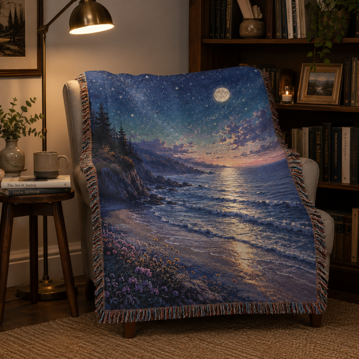 Moonlit seaside woven blanket styled over a reading chair in a warm library nook