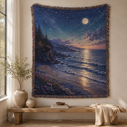 Moonlit coastal woven tapestry blanket displayed as wall decor above a wooden bench