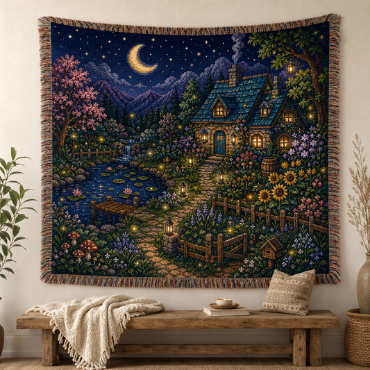 Moonlit cottage garden woven tapestry blanket displayed as wall decor above a wooden bench
