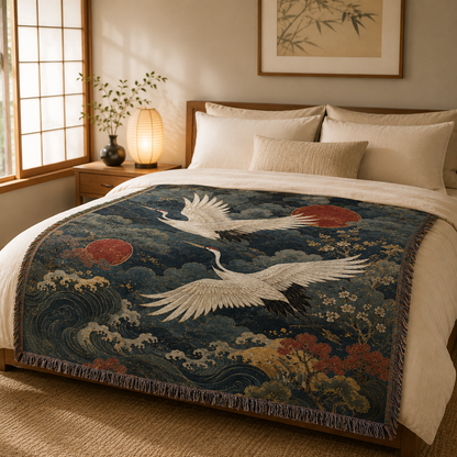 Japanese-inspired crane woven blanket displayed across a warm neutral bedroom