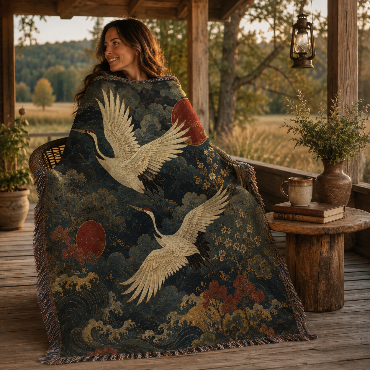 Woman wrapped in a Japanese-inspired crane woven blanket on a rustic porch at sunset