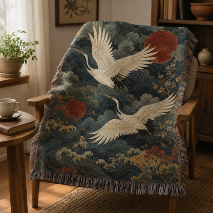 Moonlit crane tapestry blanket styled on a wooden reading chair beside books and a tea cup