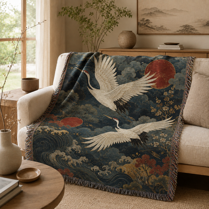 Crane and wave woven blanket draped over a cream sofa in a warm Japanese-inspired living room