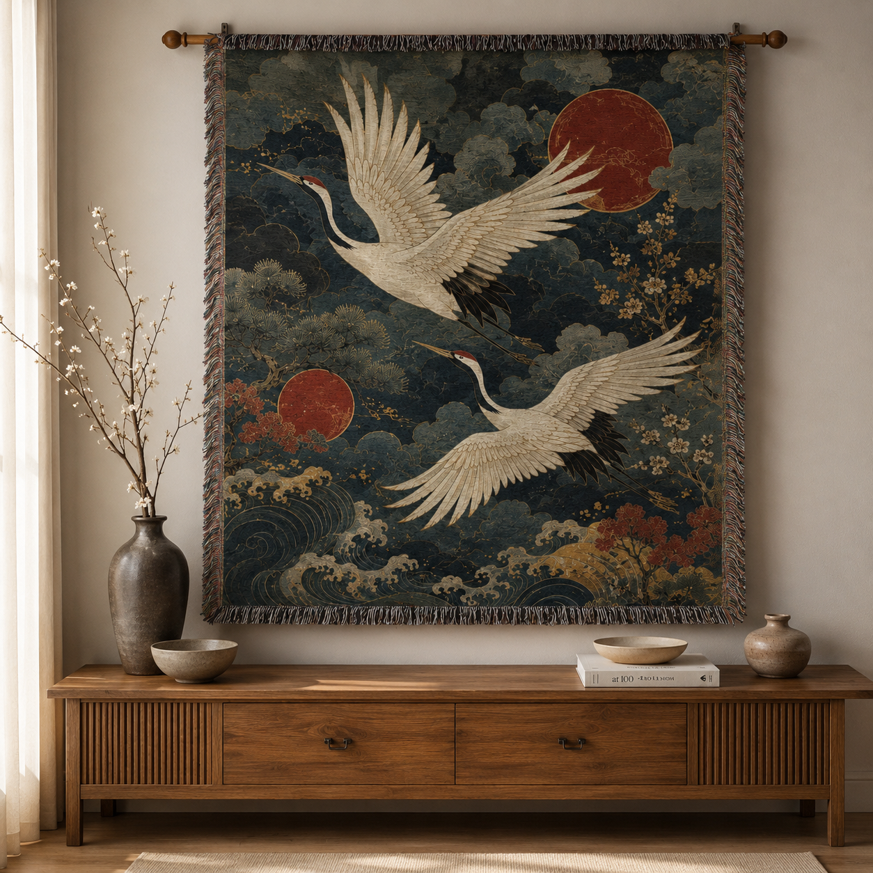 Crane and red sun woven tapestry blanket displayed as wall art above a wooden console