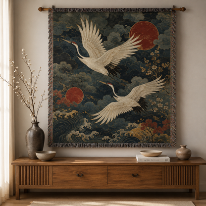 Crane and red sun woven tapestry blanket displayed as wall art above a wooden console