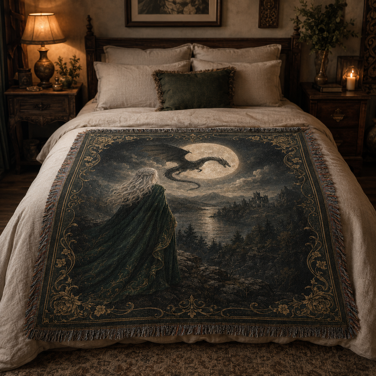 Moonlit Dragon Queen fantasy woven blanket styled across a warm elegant bedroom bed