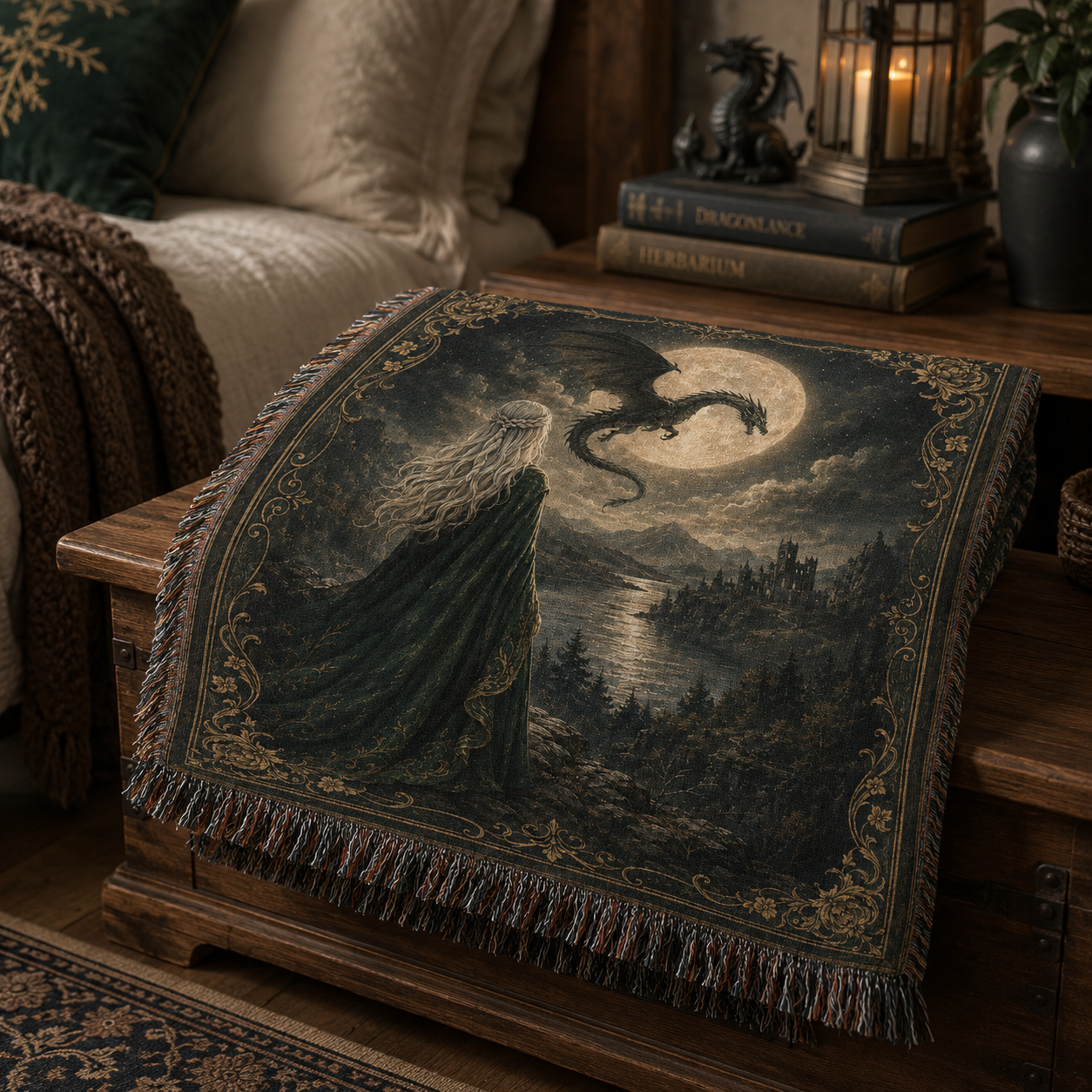 Folded fantasy woven blanket on a rustic wooden bench showing moonlit dragon artwork and fringe detail