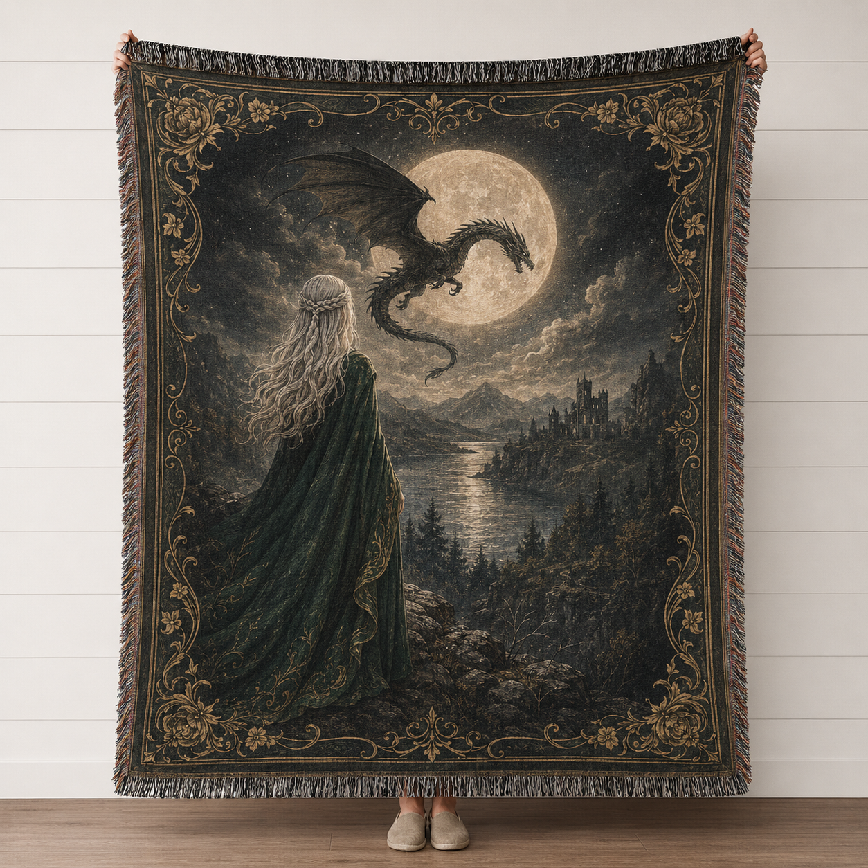 Moonlit Dragon Queen fantasy woven blanket with silver-haired queen, dragon, full moon, lake and ornate gold border