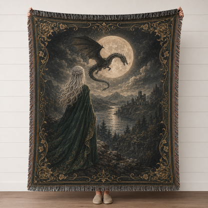 Moonlit Dragon Queen fantasy woven blanket with silver-haired queen, dragon, full moon, lake and ornate gold border
