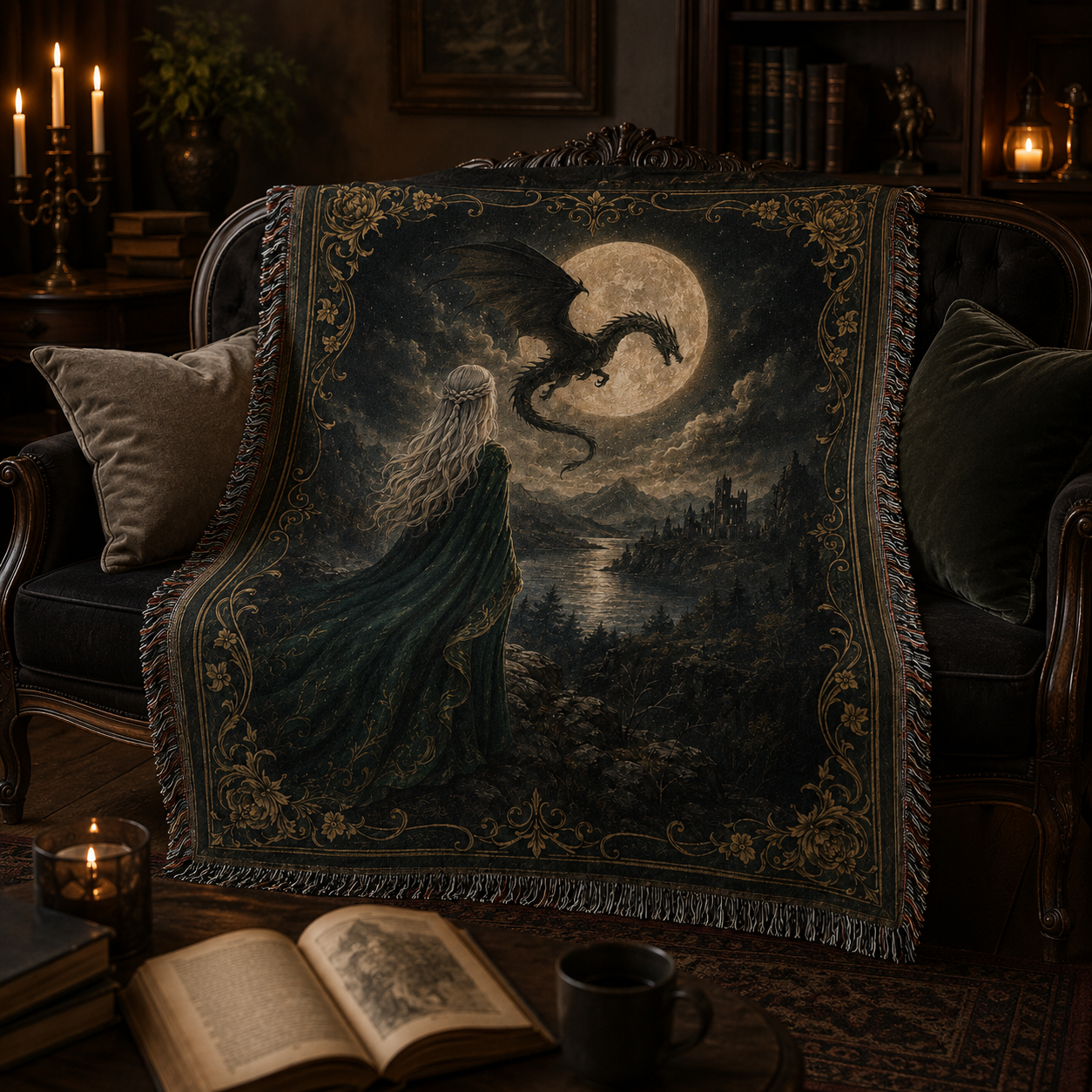 Moonlit Dragon Queen fantasy woven blanket draped over a vintage sofa in a candlelit gothic living room