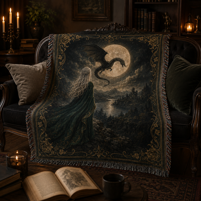 Moonlit Dragon Queen fantasy woven blanket draped over a vintage sofa in a candlelit gothic living room