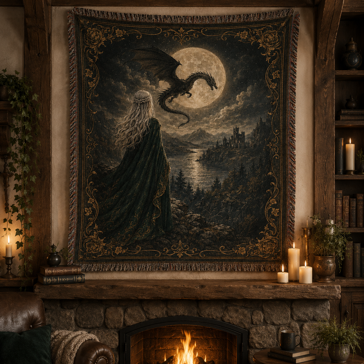 Moonlit Dragon Queen fantasy woven blanket displayed as wall tapestry above a rustic fireplace