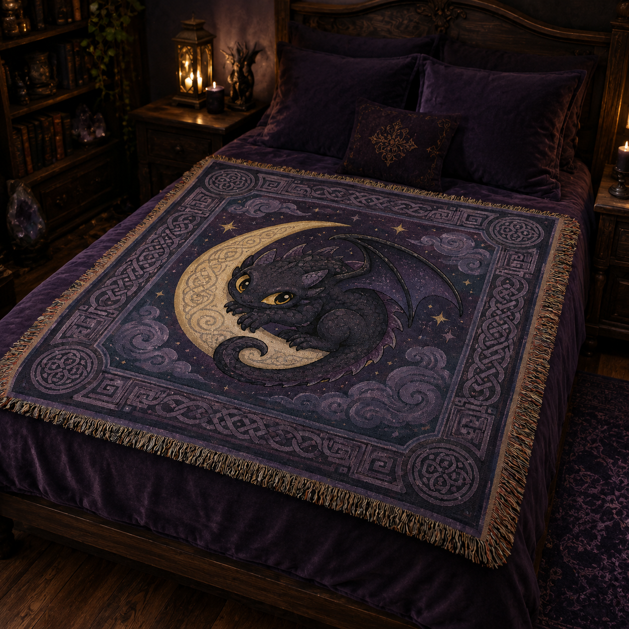Purple moonlit dragon woven blanket styled across a dark fantasy bedroom bed