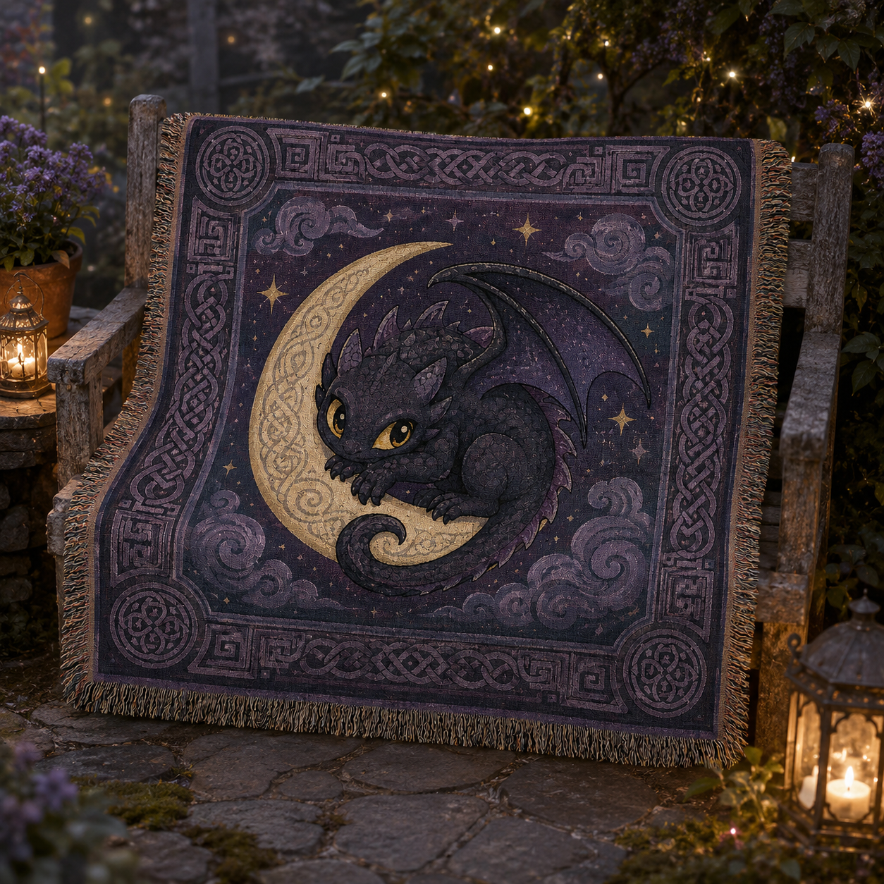 Moonlit baby dragon woven blanket displayed on a rustic bench in an enchanted evening garden