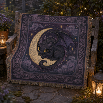 Moonlit baby dragon woven blanket displayed on a rustic bench in an enchanted evening garden