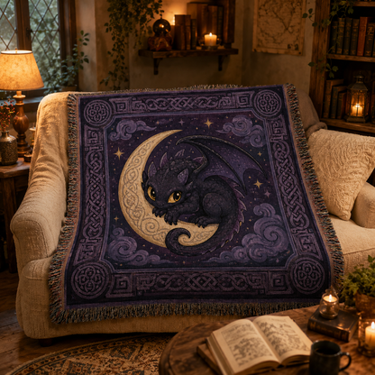 Moonlit dragon woven blanket displayed on an armchair in a warm fantasy reading nook